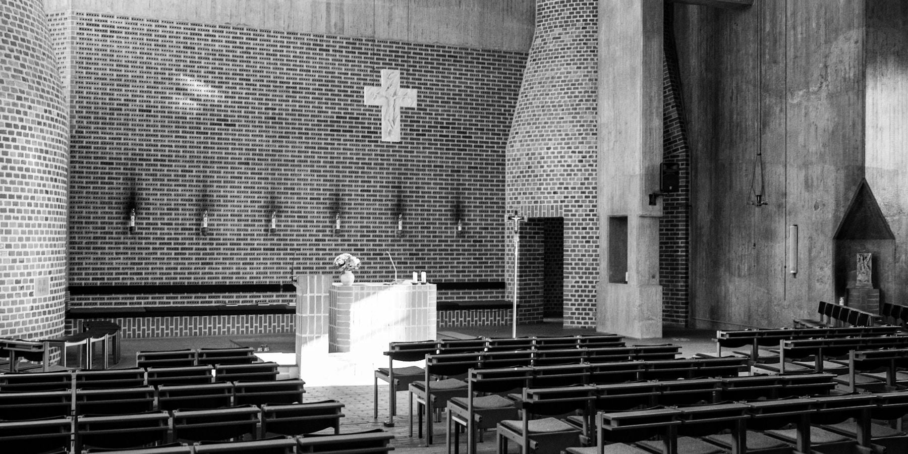A brick and concrete church interior